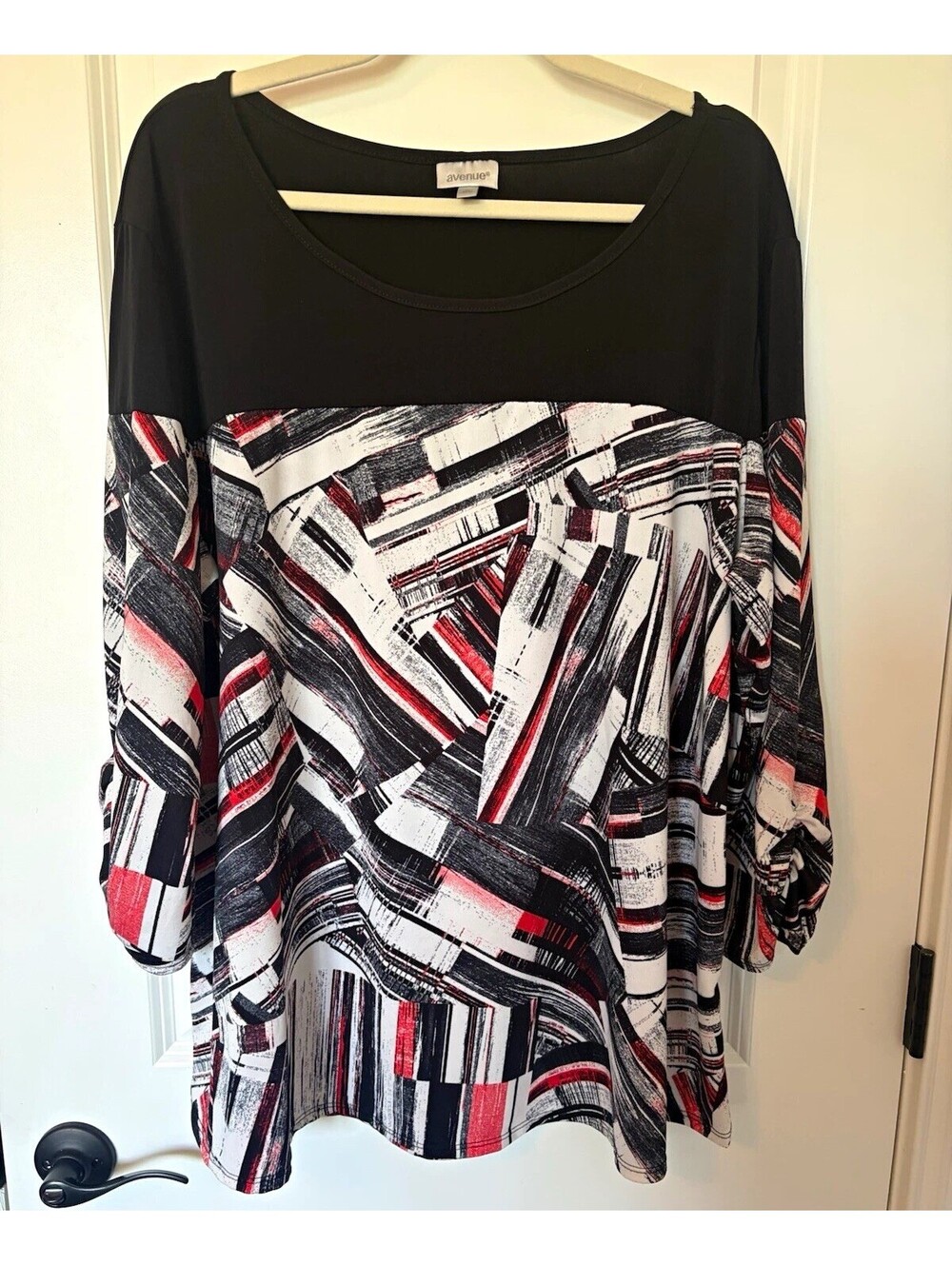 Avenue Tunic Blouse 22/24 Black/White/Red Abstract Ruched Stretch Knit